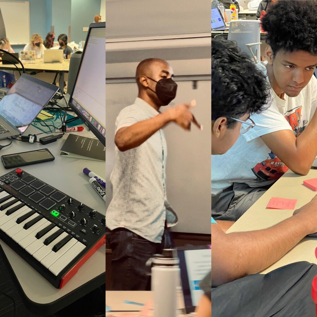 Dr. David James teaching, picture of synth plugged into computer and students collaborating with post-it notes